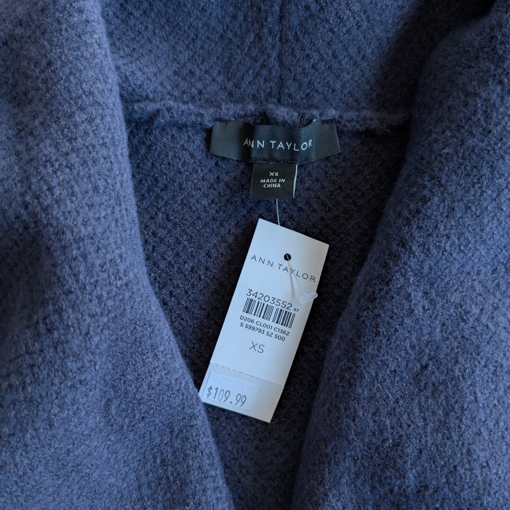 ANN TAYLOR Striped Trim Cascade Cardigan Sweater Navy w/ Beige Trim Size XS NEW - Picture 7 of 11